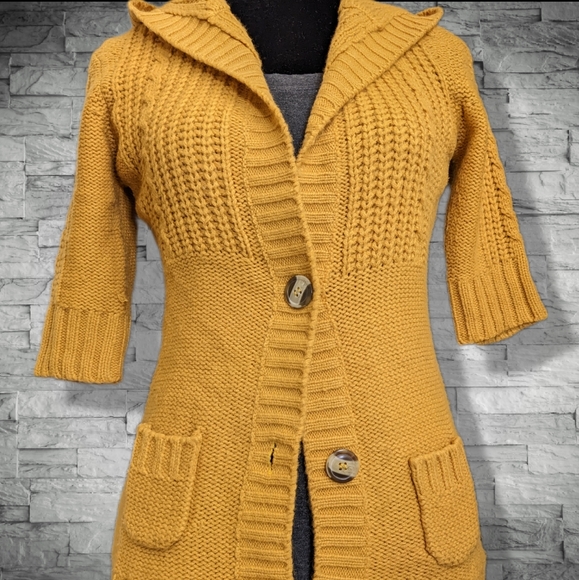 Mustard Yellow Sweater Jacket Fall Cardigan Short Sleeve Button Up Knit - Picture 5 of 10